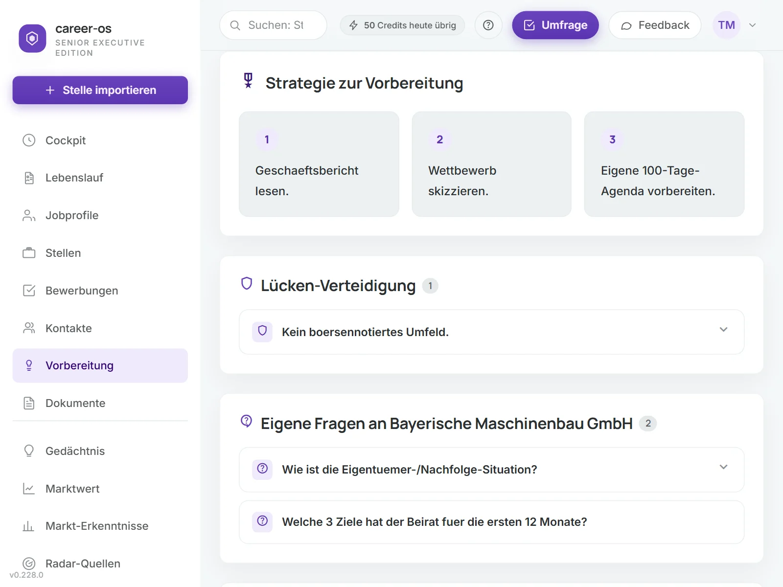 Vorbereitung auf das Vorstellungsgespräch in synvyr: Checkliste mit drei Schritten, vorbereitete Antworten auf die Lücken und eigene Fragen an das Unternehmen.