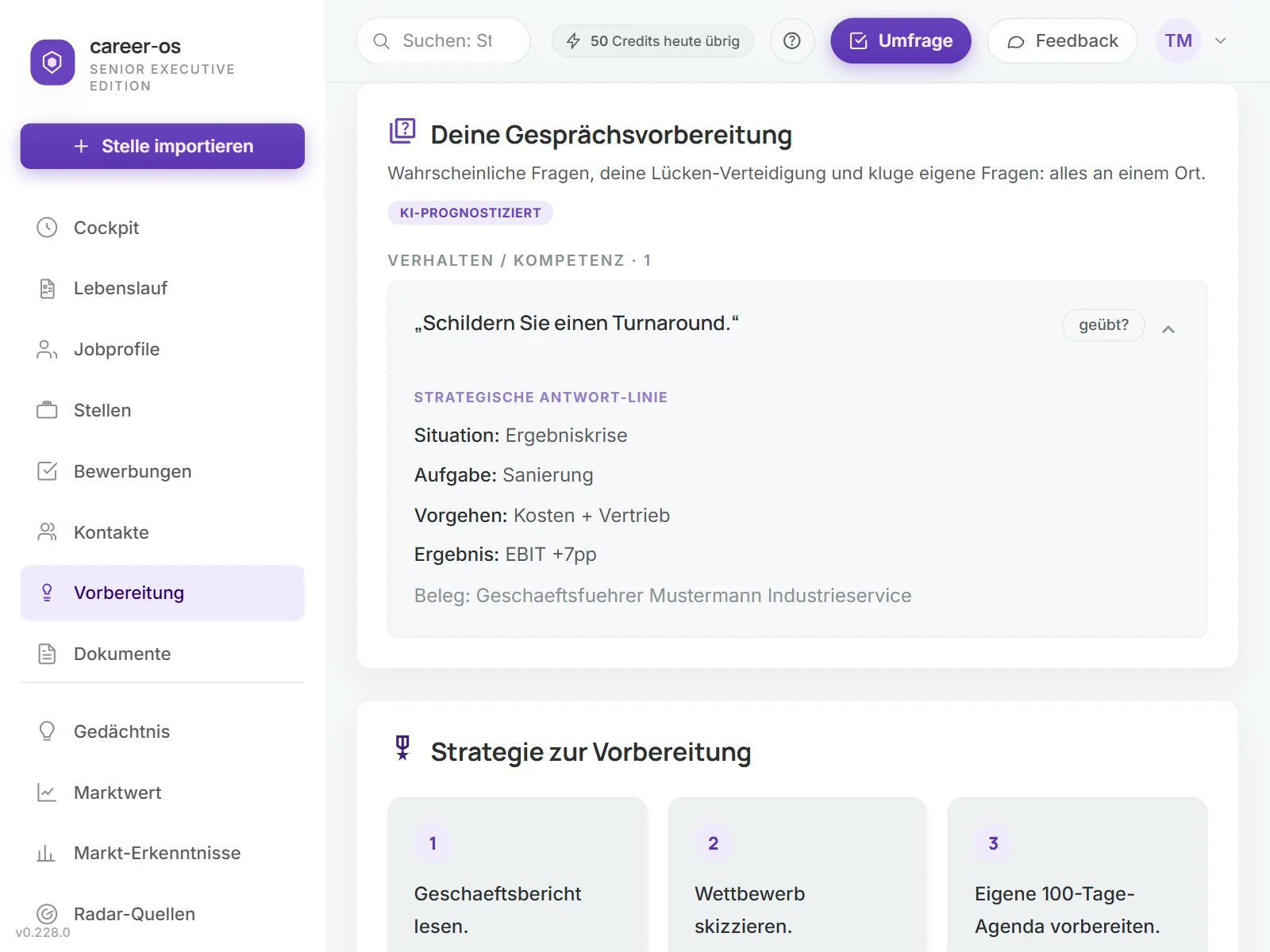 Erwartbare Fragen im Vorstellungsgespräch in synvyr: eine Frage aufgeklappt, mit Situation, Aufgabe, Vorgehen, Ergebnis und Beleg.