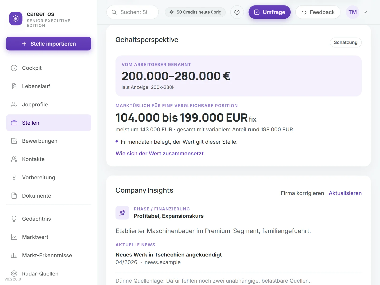 Gehaltsperspektive einer Stelle in synvyr: die vom Arbeitgeber genannte Spanne und die marktübliche Spanne für eine vergleichbare Position.