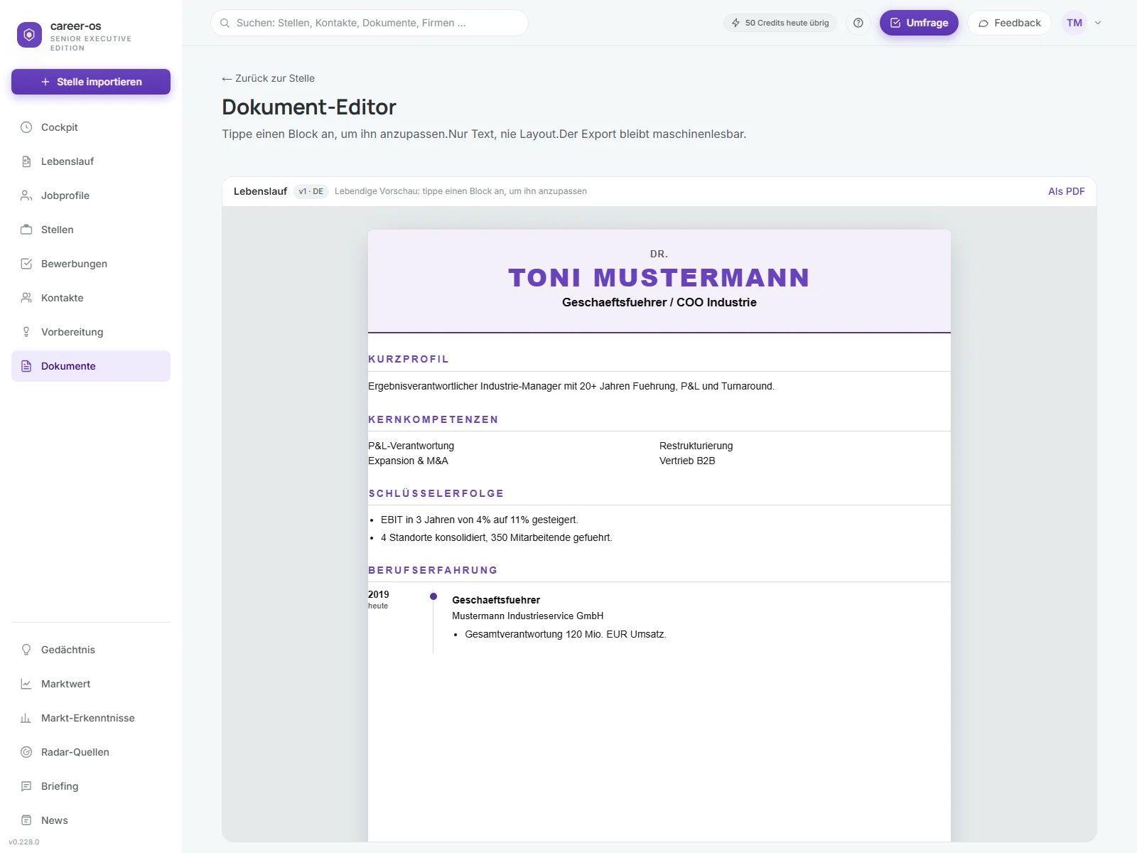 Dokument-Editor von synvyr mit einem Lebenslauf in der Vorschau: Kurzprofil, Kernkompetenzen, Schlüsselerfolge und Berufserfahrung.